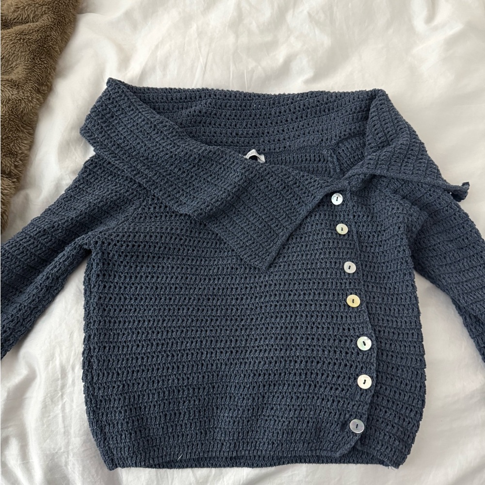 Zara Navy Blue Off-the-Shoulder Crochet Sweater